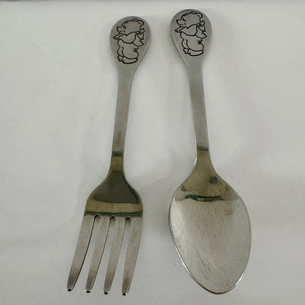Tommee Tippee Vintage Teddy Bear Child Fork and Spoon Set Stainless Steel Taiwan